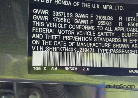 2019 Honda Civic Sport from USA, damaged, VIN SHHFK7H40KU219421